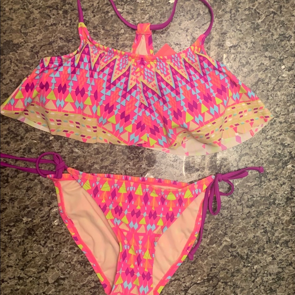 Pink and purple multi colored patterned bikini.